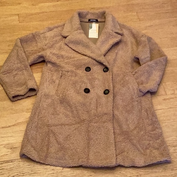 BTFBM lite cocoa colored teddy jacket double breasted with front welt pockets L - Picture 7 of 11